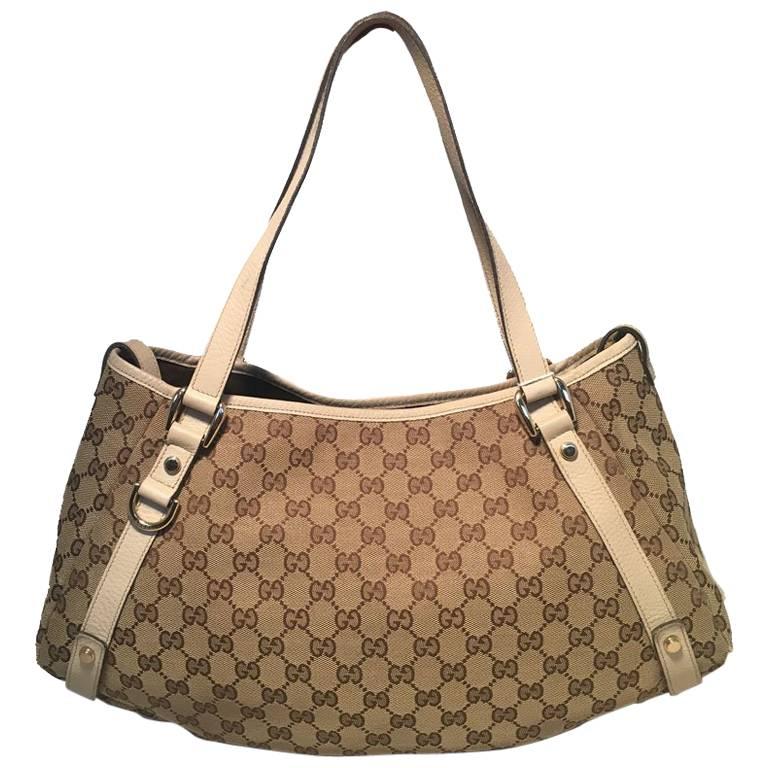 Gucci Beige Leather and Monogram Abby Tote Shoulder Bag For Sale at ...