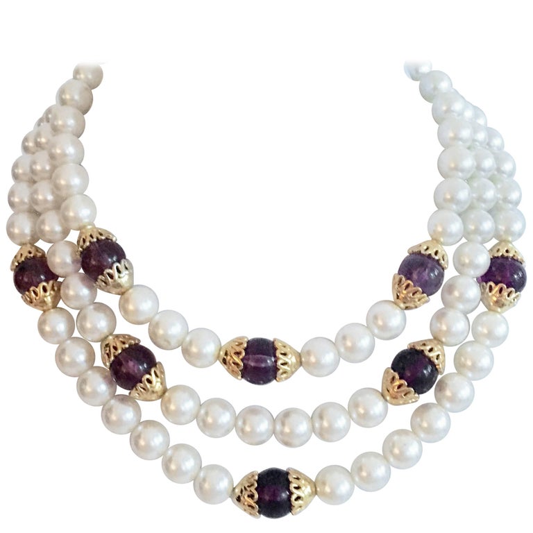 Vintage Napier Triple Strand Pearl and Amethyst Necklace For Sale at