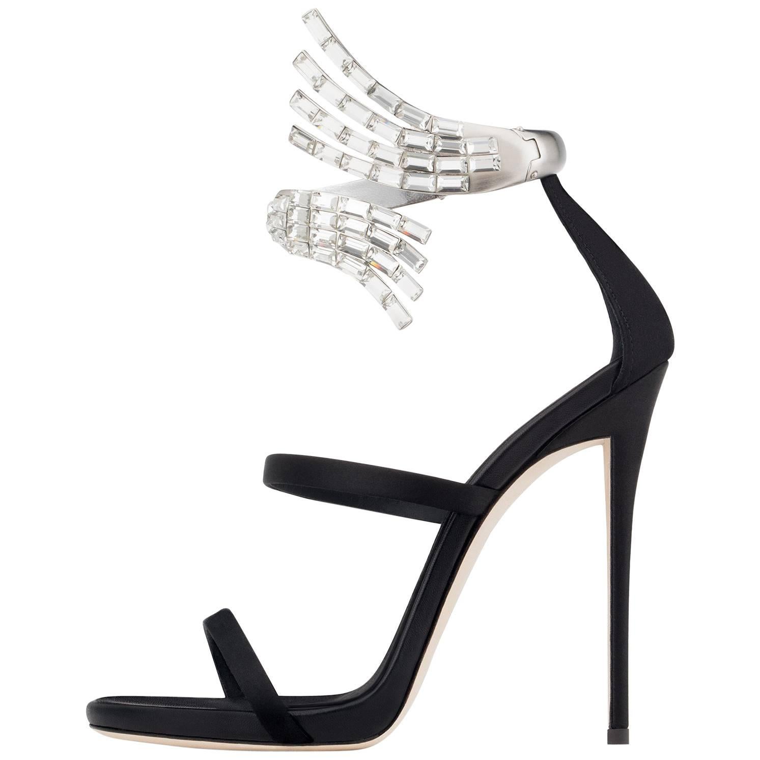 Giuseppe Zanotti New Black Satin Wraparound Crystal Evening Sandals Heels in Box