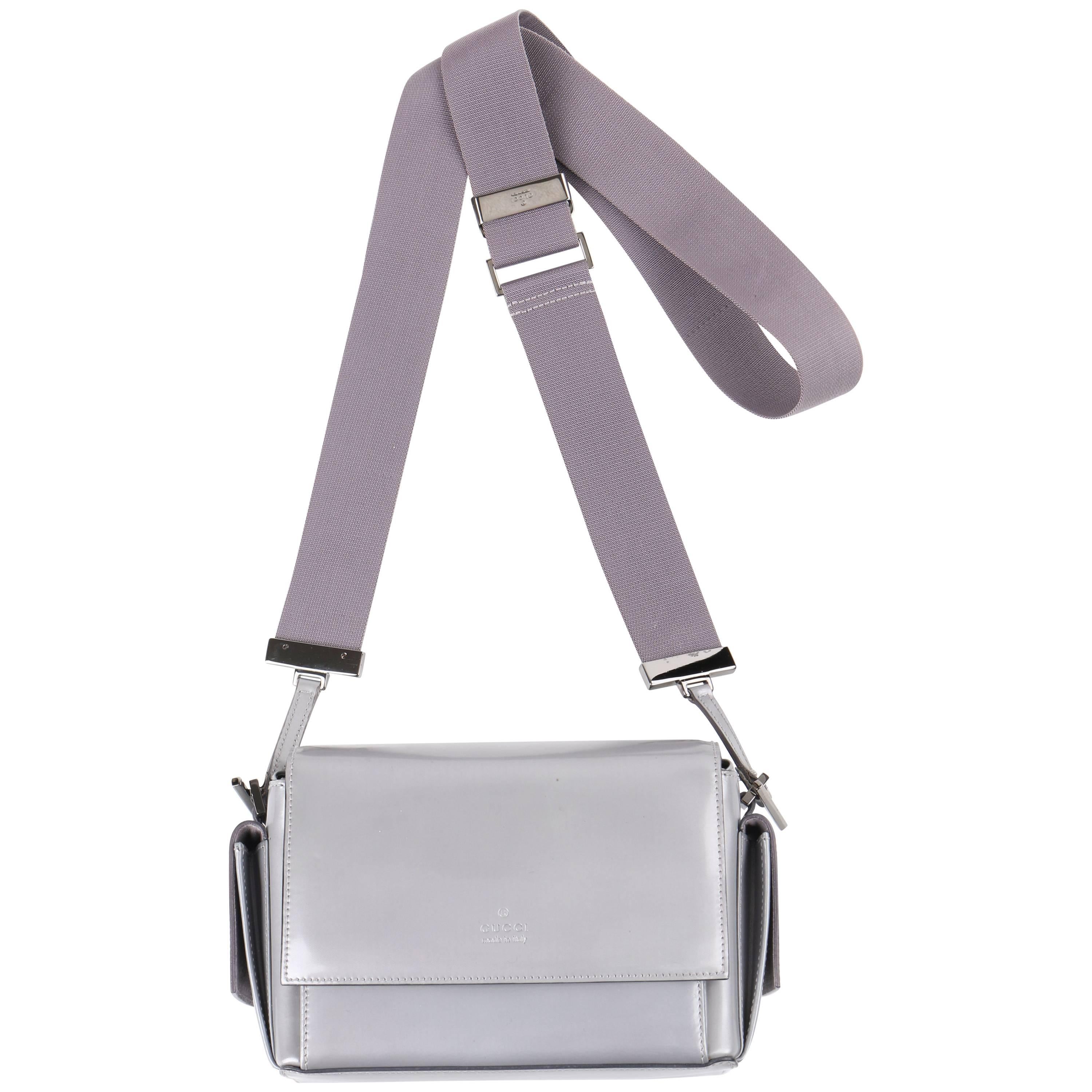 GUCCI Stone Gray Patent Leather Structured Flap Top Crossbody Bag Purse
