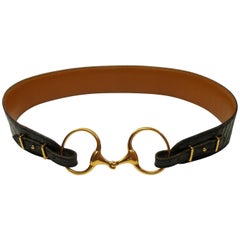RARE Hermès Vintage Mors Belt in Black Crocodile and Gold plated