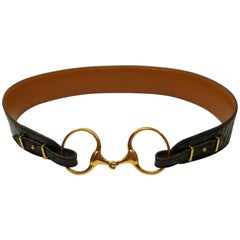 RARE Hermès Vintage Mors Belt in Black Crocodile and Gold plated 