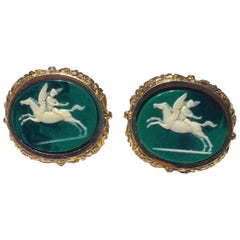 Vintage Dante Gold and Emerald Carved Incolay Cameo Cufflinks