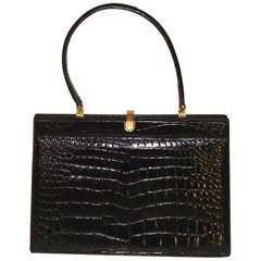Vintage Large Structured Black Alligator Center Skin Kelly Bag 