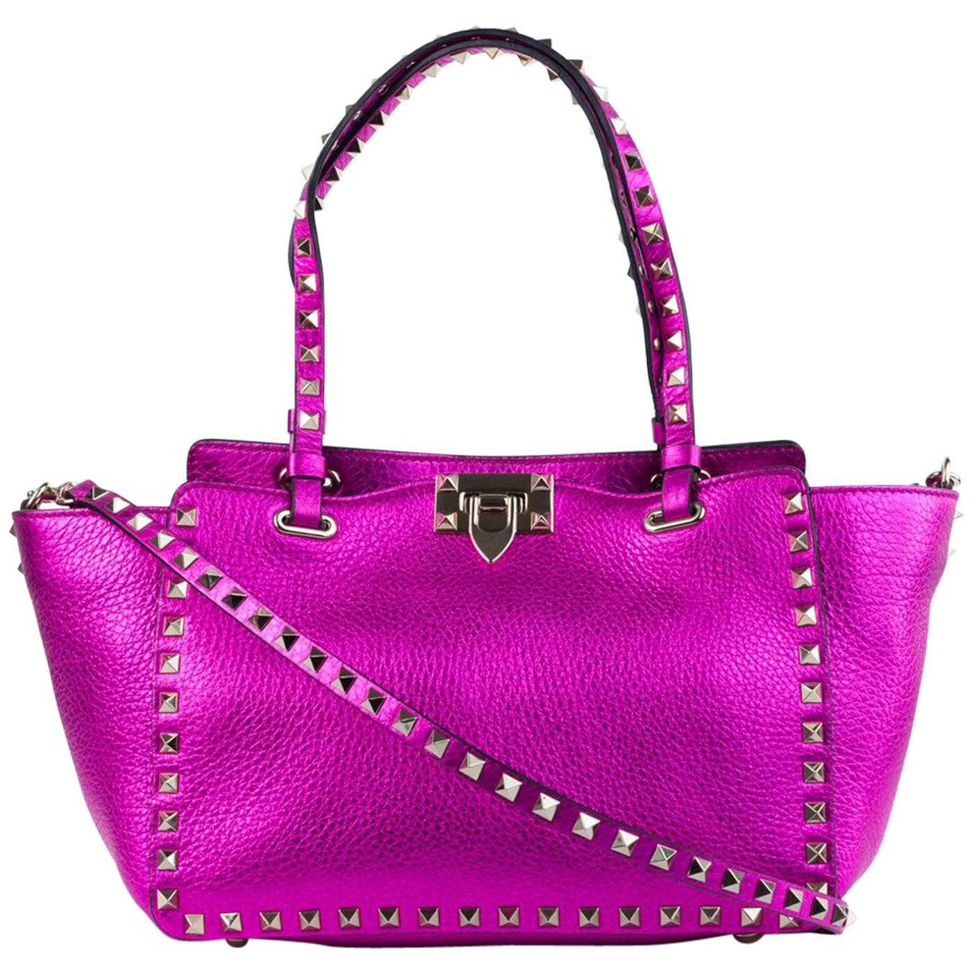 Valentino Women's Metallic Small Rockstud Trapeze Pink Tote Bag