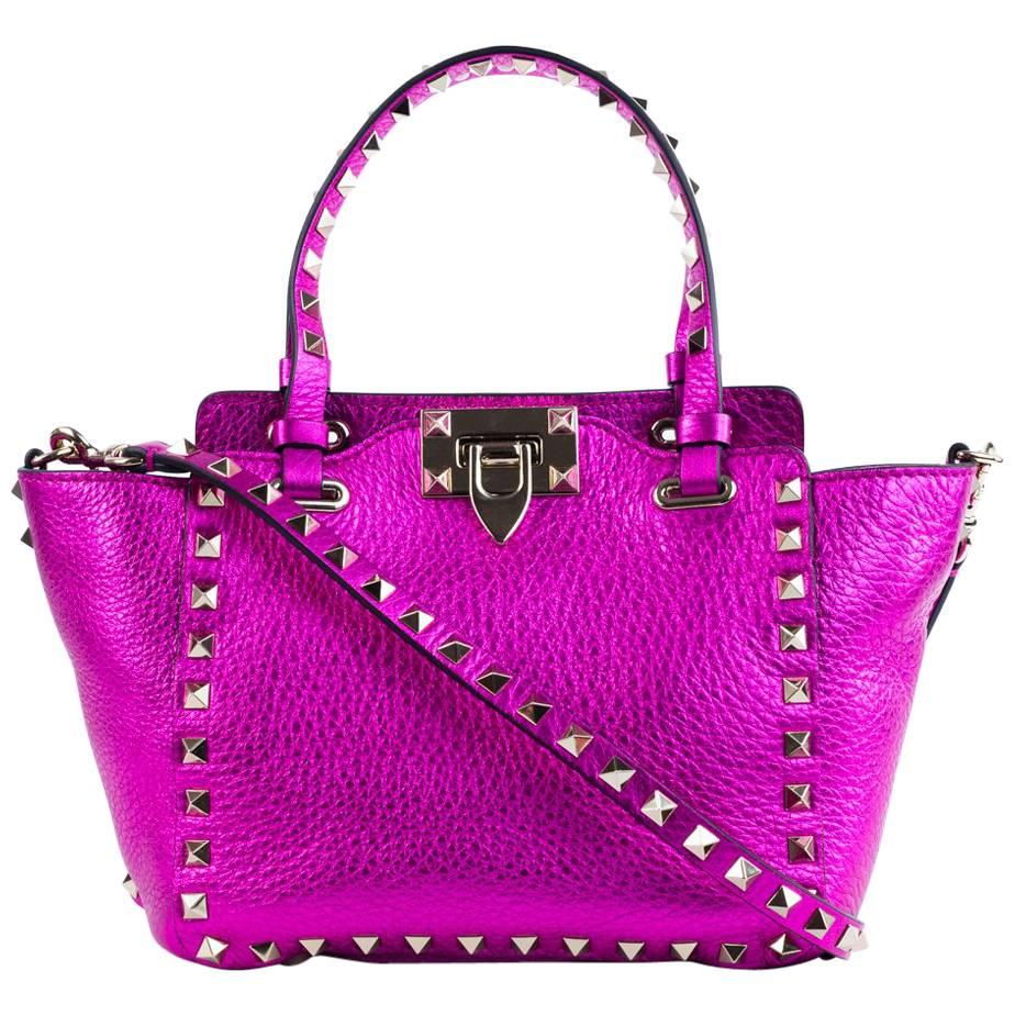 Valentino Metallic Mini Rockstud Trapeze Pink Tote Bag For Sale