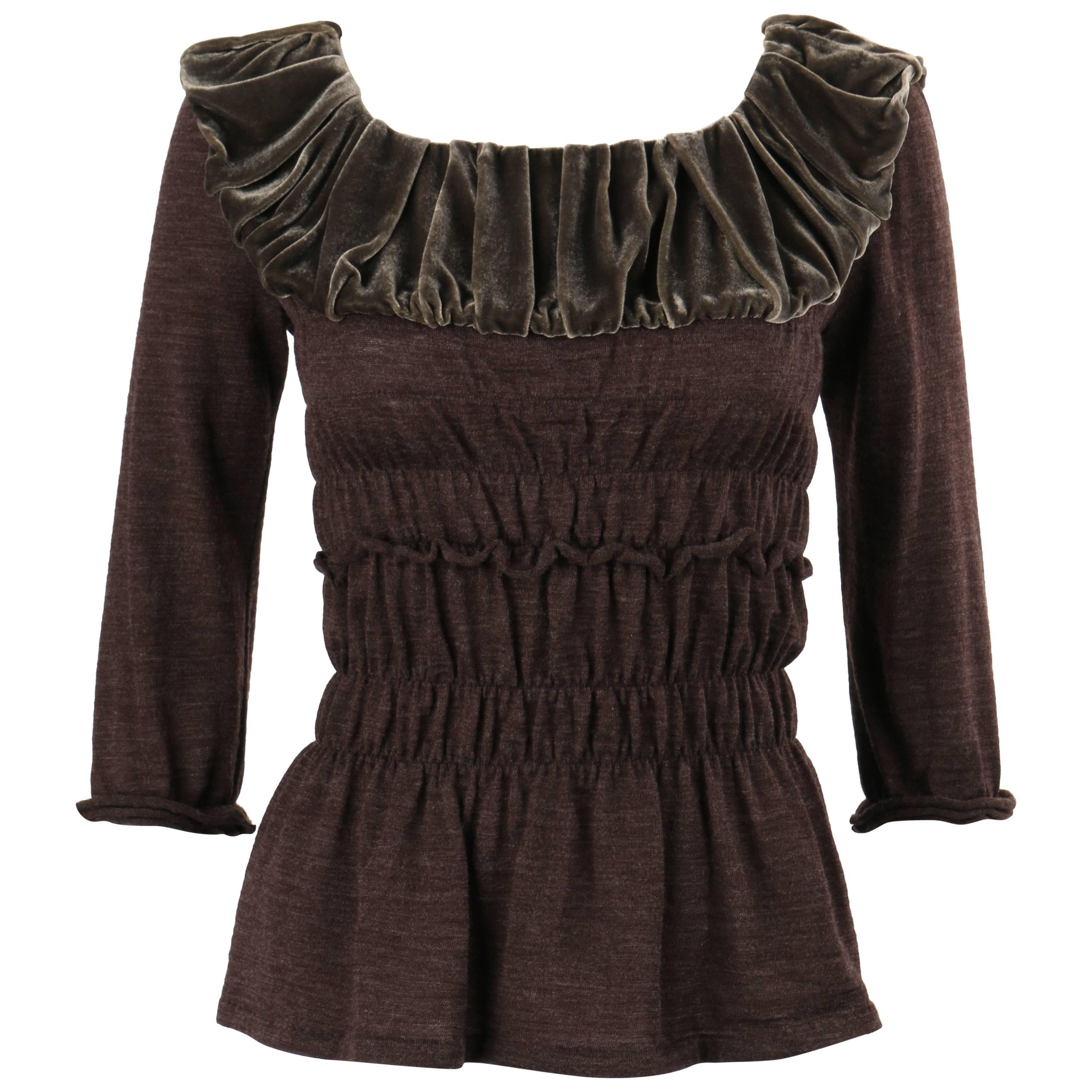 LOUIS VUITTON A/W 2006 Heathered Brown Wool Knit Velvet Detail Ruched Blouse Top