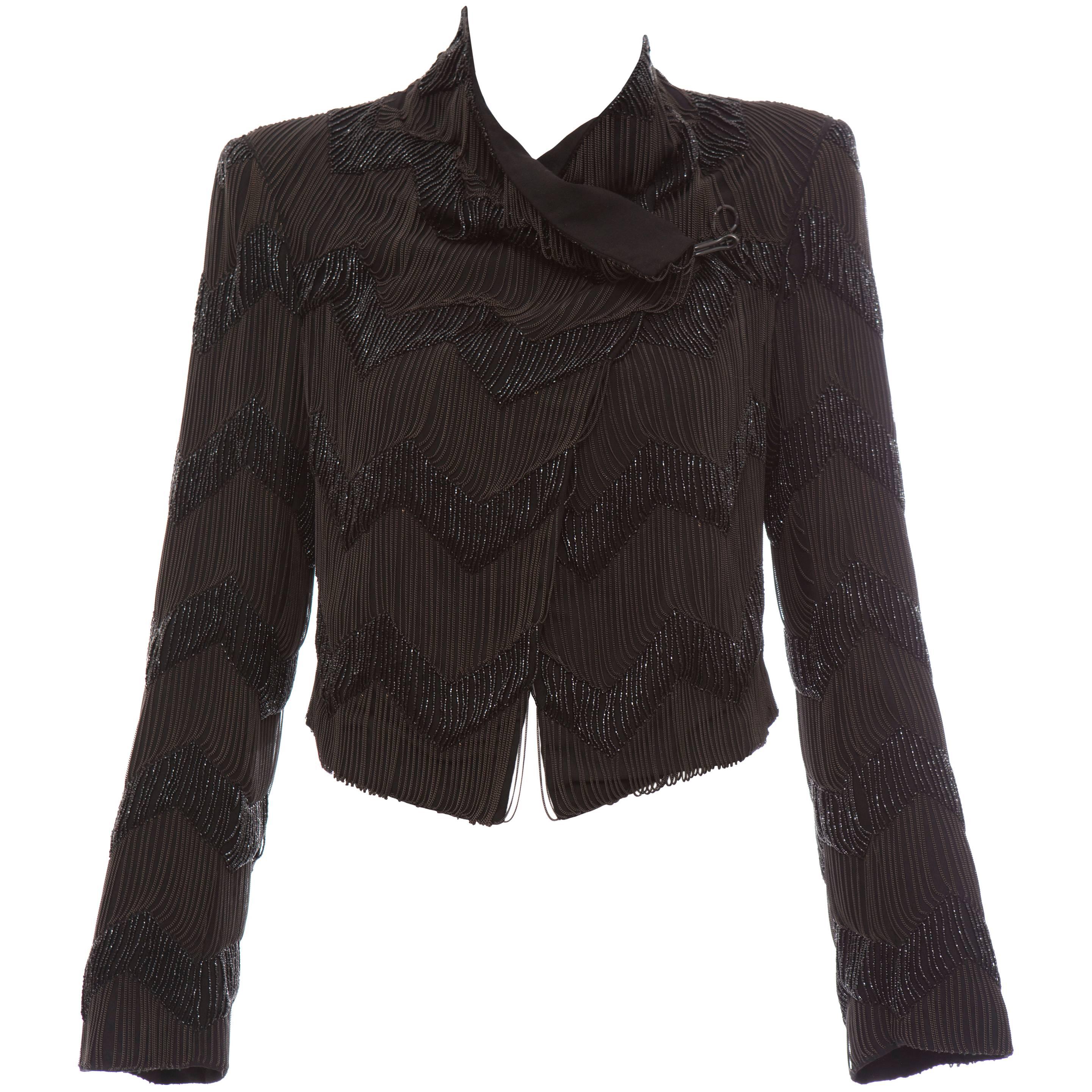 Ann Demeulemeester Runway Black Wool Chain And Beaded Jacket, Fall 2011 For Sale