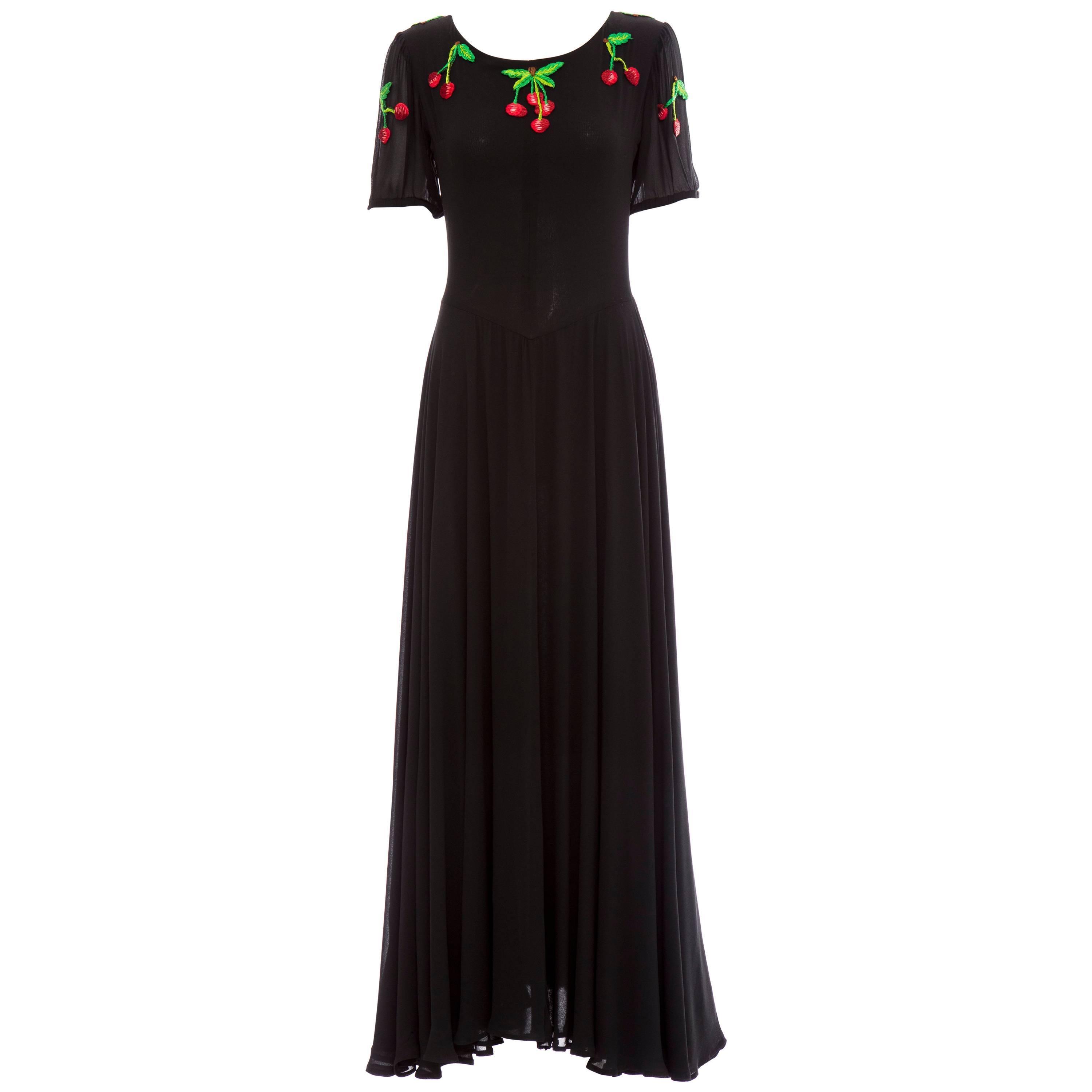 Valentino Black Crepe Evening Dress With Hand Embroidered Cherries, Circa 1970's