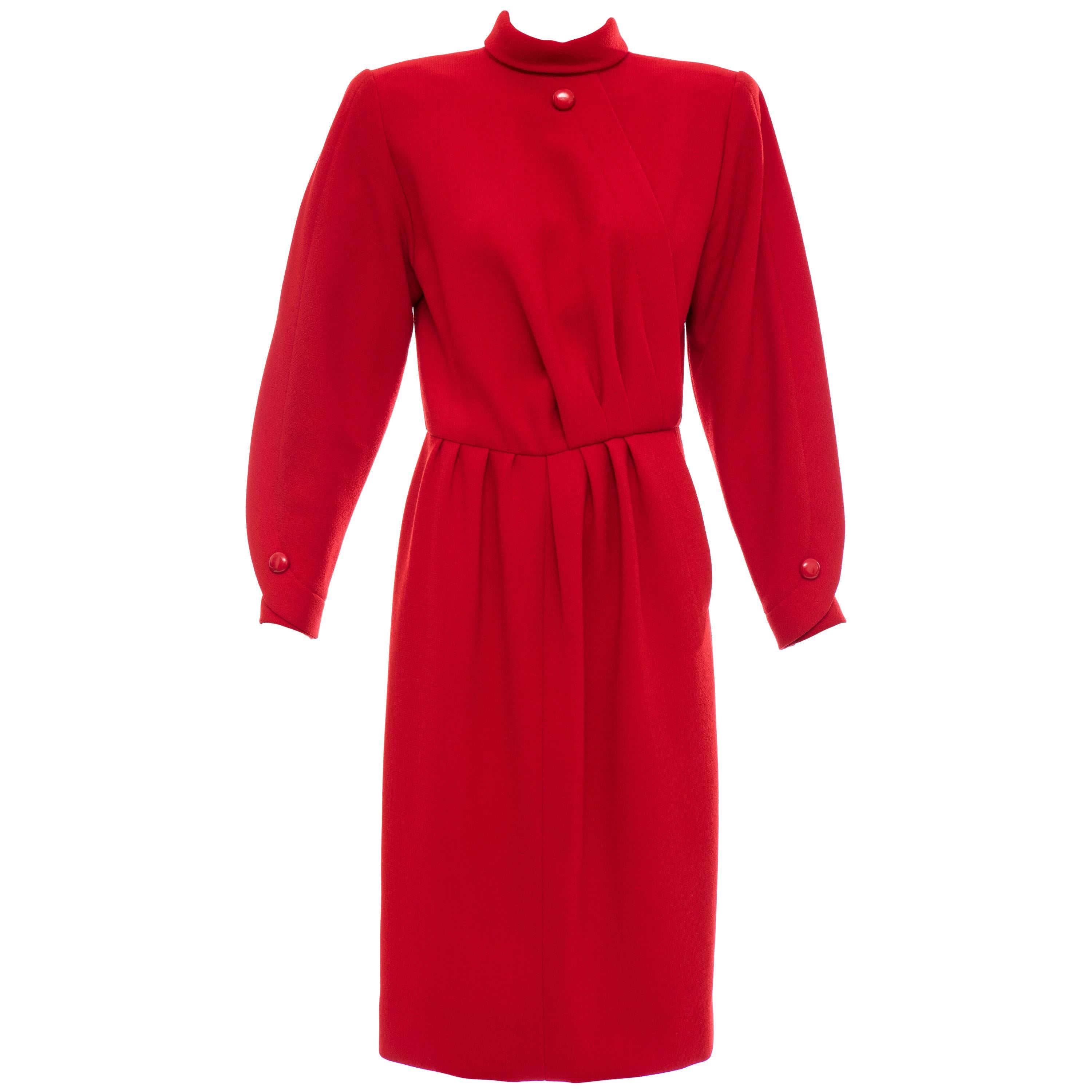 Nina Ricci Haute Couture Red Wool Crepe Dress, Circa 1980's For Sale