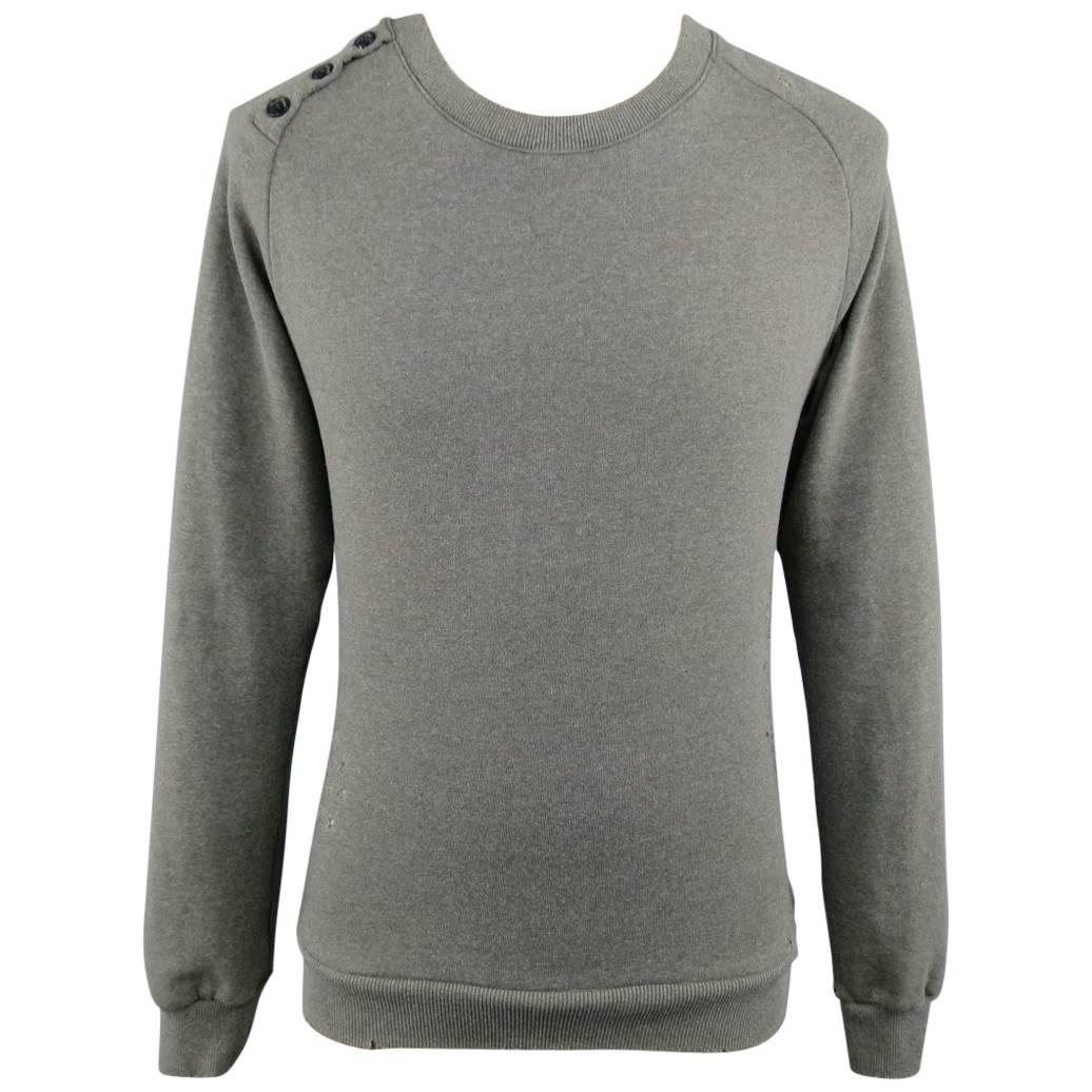 PIERRE BALMAIN Size XXS Olive Grey Distressed Cotton Blend Pullover Sweatshirt