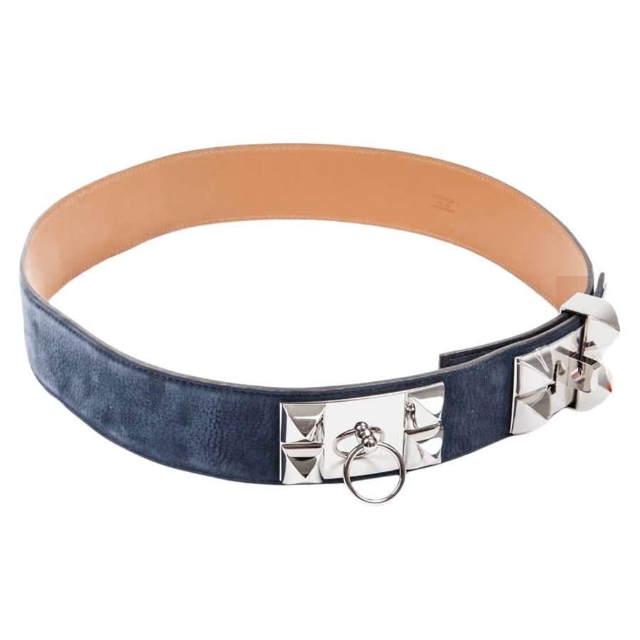 HERMES 'Collier de Chien' Belt in Blue Velvet Calfskin Size 90