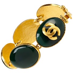 Vintage Chanel 1980s Faux Jade Gold Bracelet with Double CC Logo