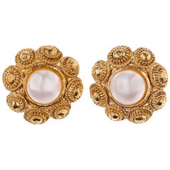 Chanel Gold Gilt Flower Earrings with Faux Pearl Detail 5