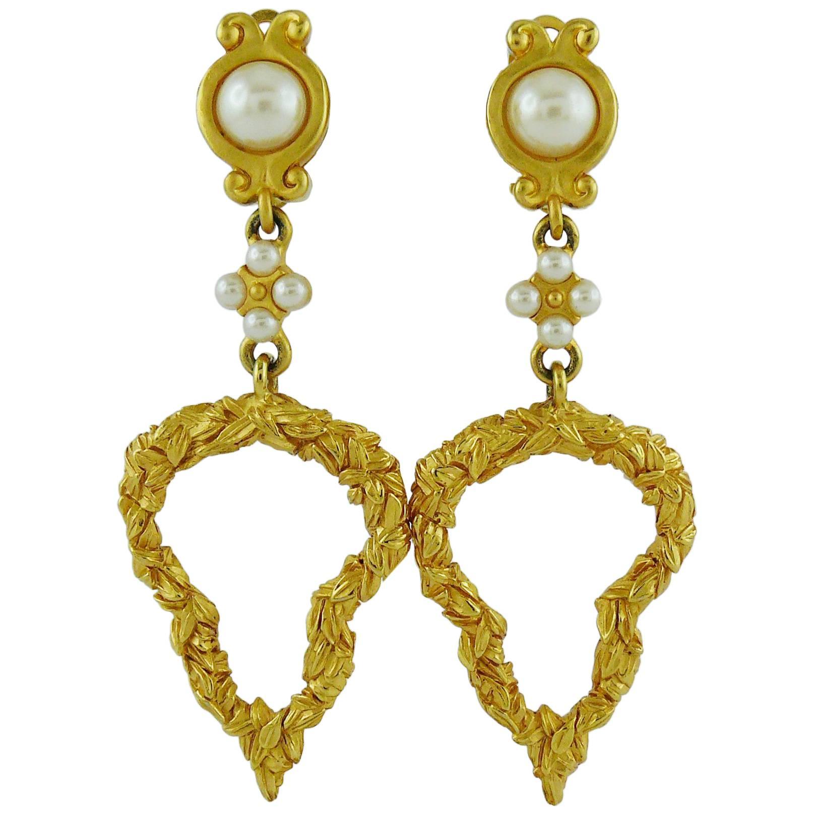 Karl Lagerfeld Vintage Gold Toned Heart and Pearl Dangling Earrings