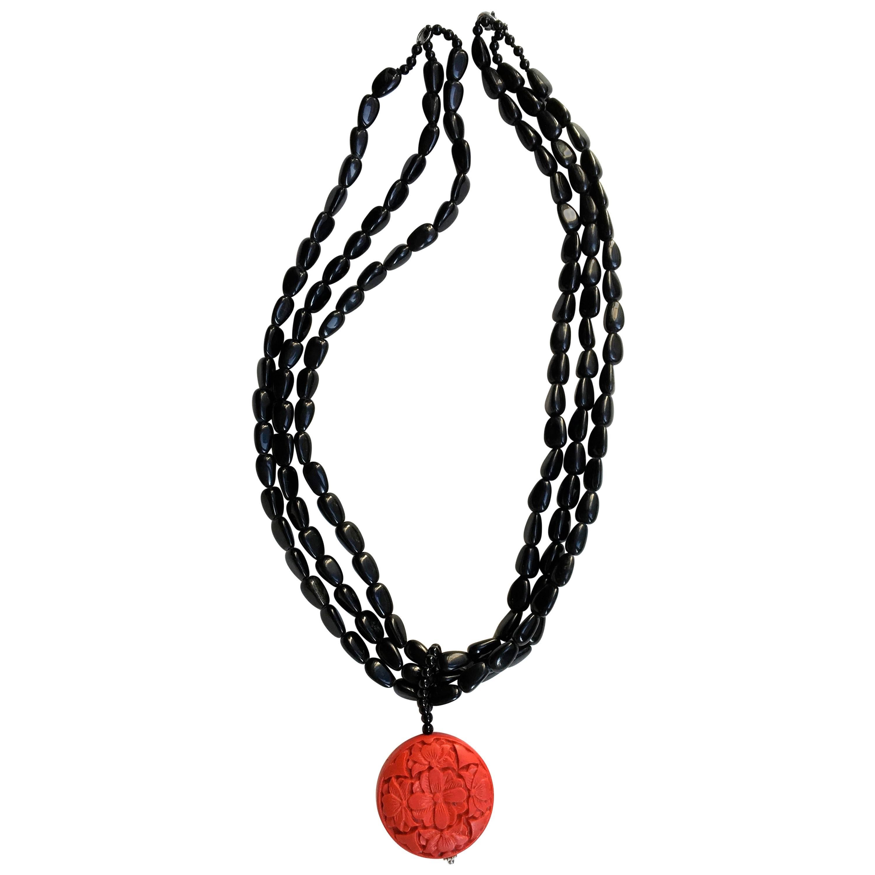 Rare Asian Cinnabar Pendant Necklace with Black Jade Stones For Sale