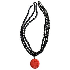 Vintage Rare Asian Cinnabar Pendant Necklace with Black Jade Stones