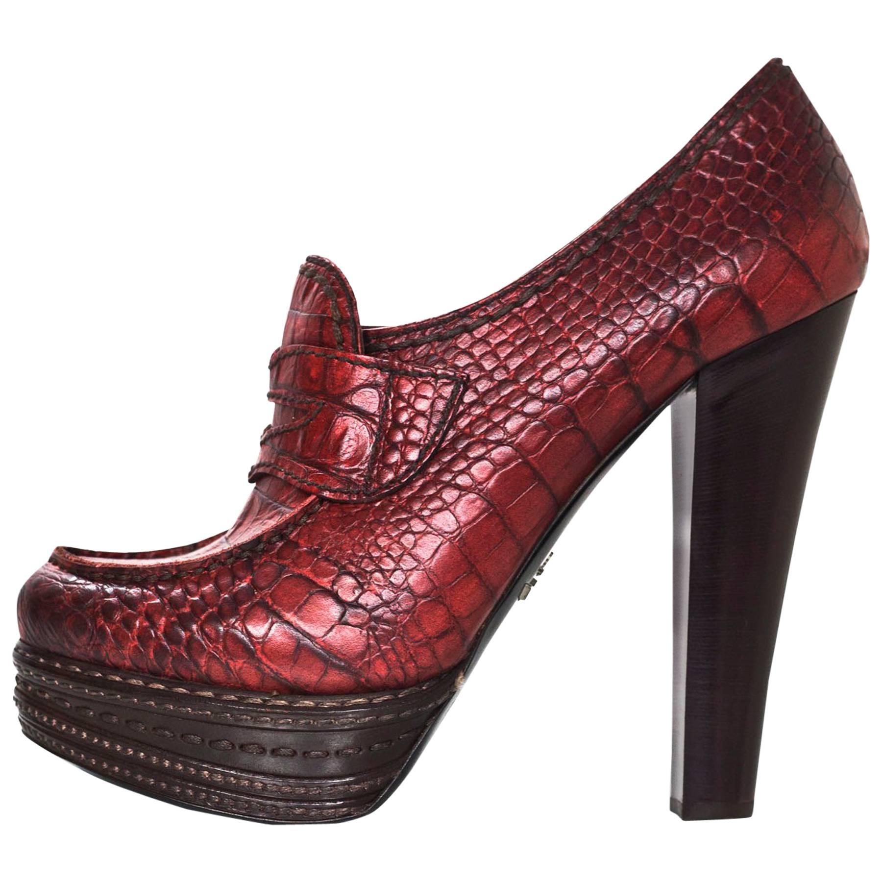 Prada Red Embossed Crocodile Platform Loafers Sz 38.5