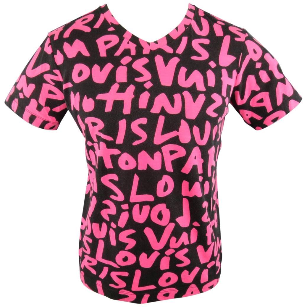 LOUIS VUITTON Size M Black & Pink STEPHEN SPROUSE Graffitti Print V Neck T-shirt