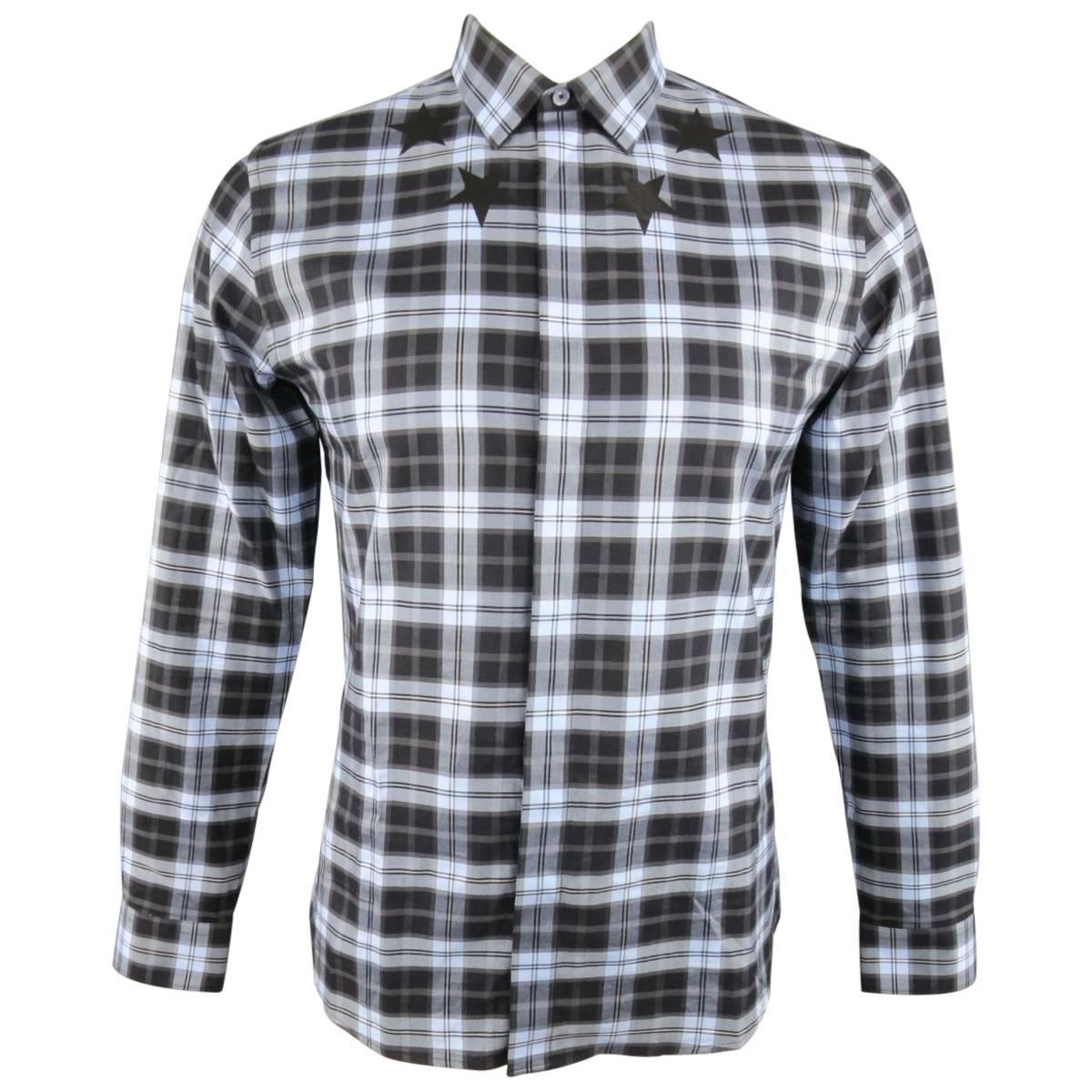 Men's GIVENCHY Size M Blue & Black Plaid Cotton Star Collar Long Sleeve Shirt