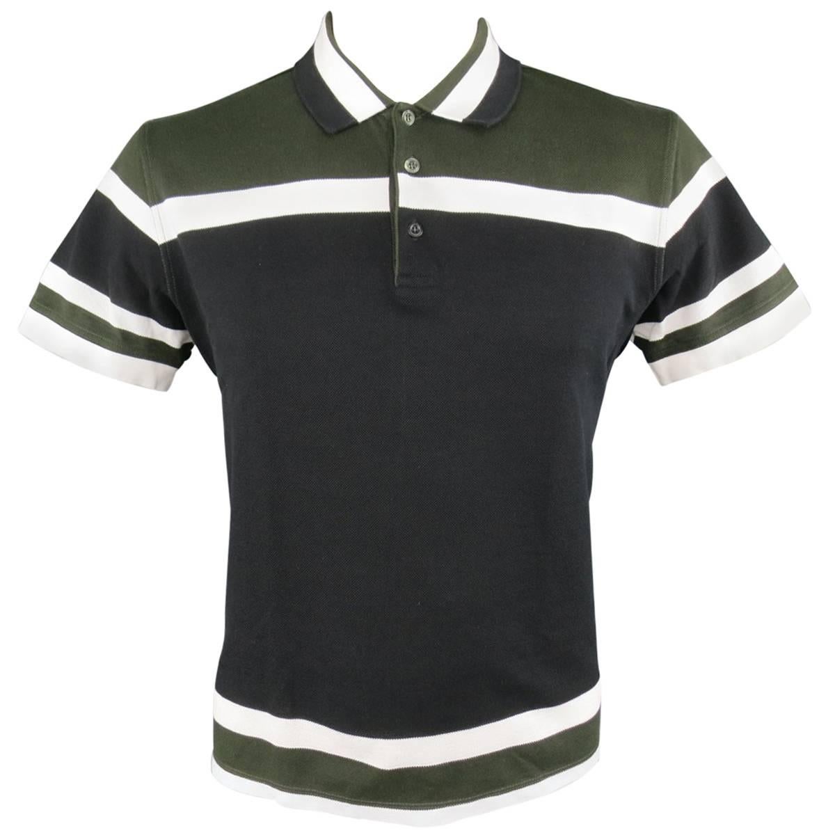 Men's GIVENCHY Size XL Olive Green Black & White Stripe Pique POLO