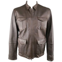 Men's BRUNELLO CUCINELLI XL Chocolate Brown Smooth Leather Military Jacket 11