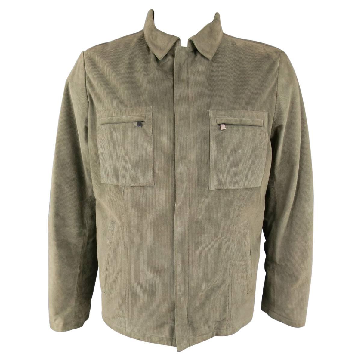 Men's LUCIANO BARBERA 44 Moss Green Corduroy Textured Suede Jacket
