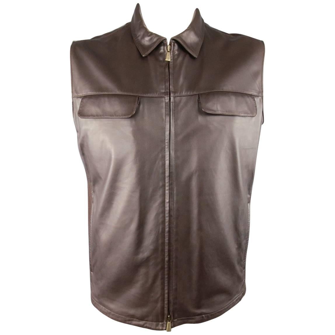 New Men's LORO PIANA XL Chocolate Brown Leather Knit Panel Collared Vest