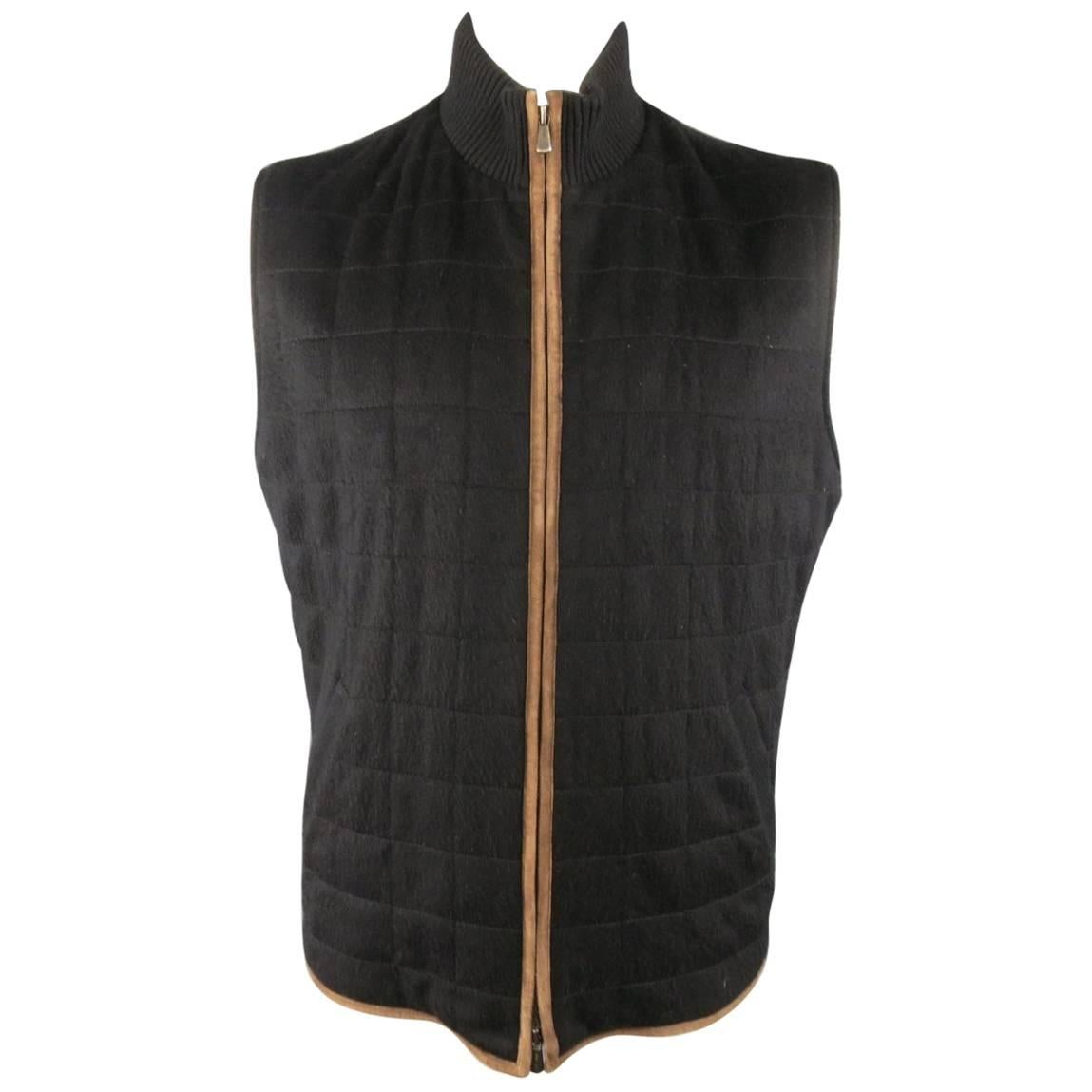 Men's LORO PIANA XL Black Quilted Cashmere Tan Suede Piping Vest