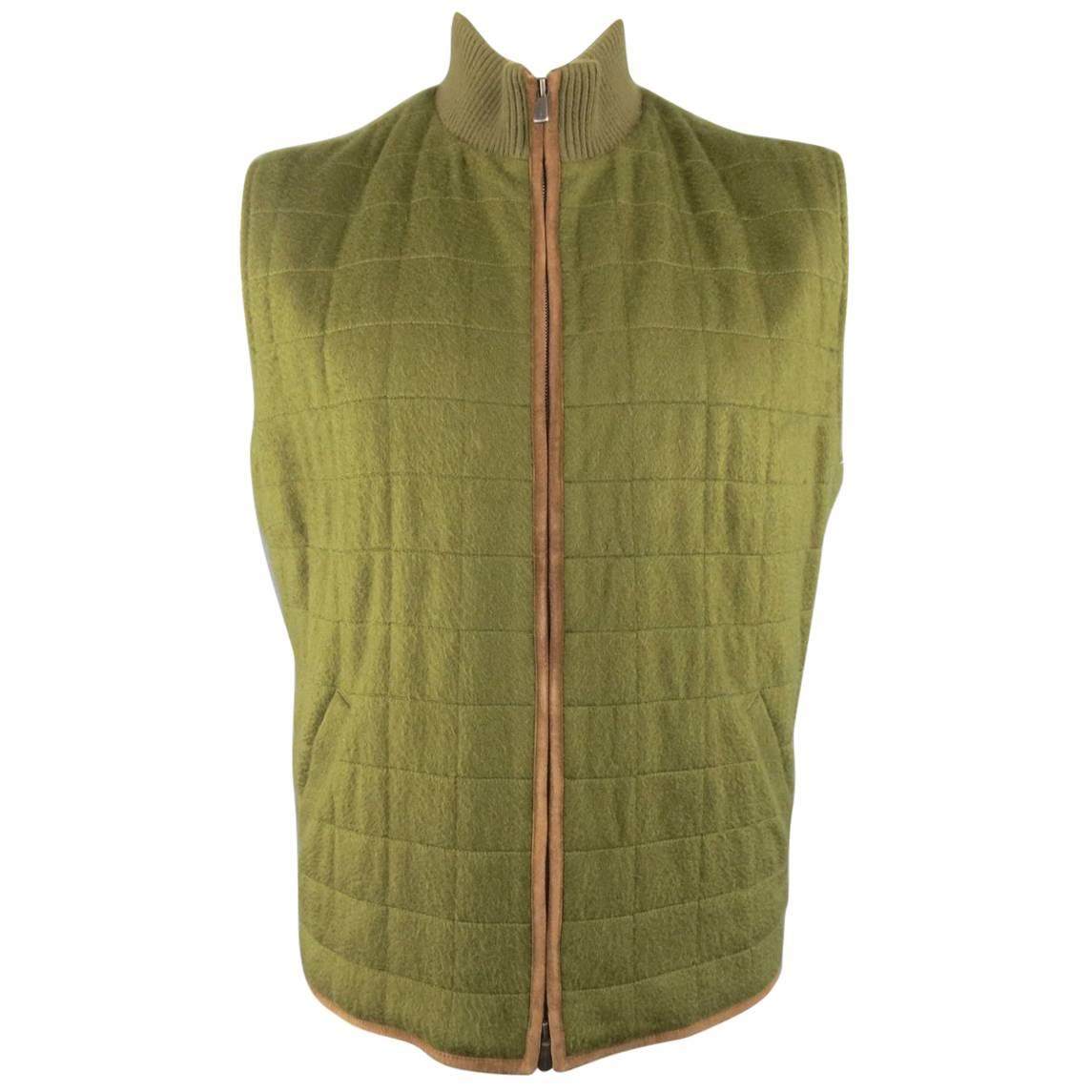 Men's LORO PIANA XL Olive Green Quilted Cashmere Tan Suede Piping Vest