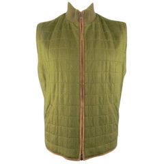 Men's LORO PIANA XL Olive Green Quilted Cashmere Tan Suede Piping Vest