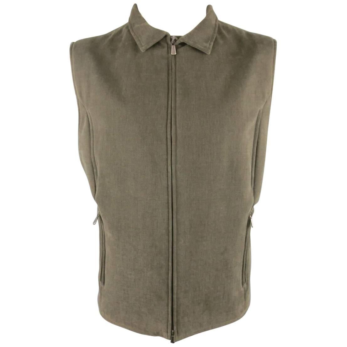 Men's LORO PIANA XL Olive Solid Cotton Storm System Rain Protection Vest