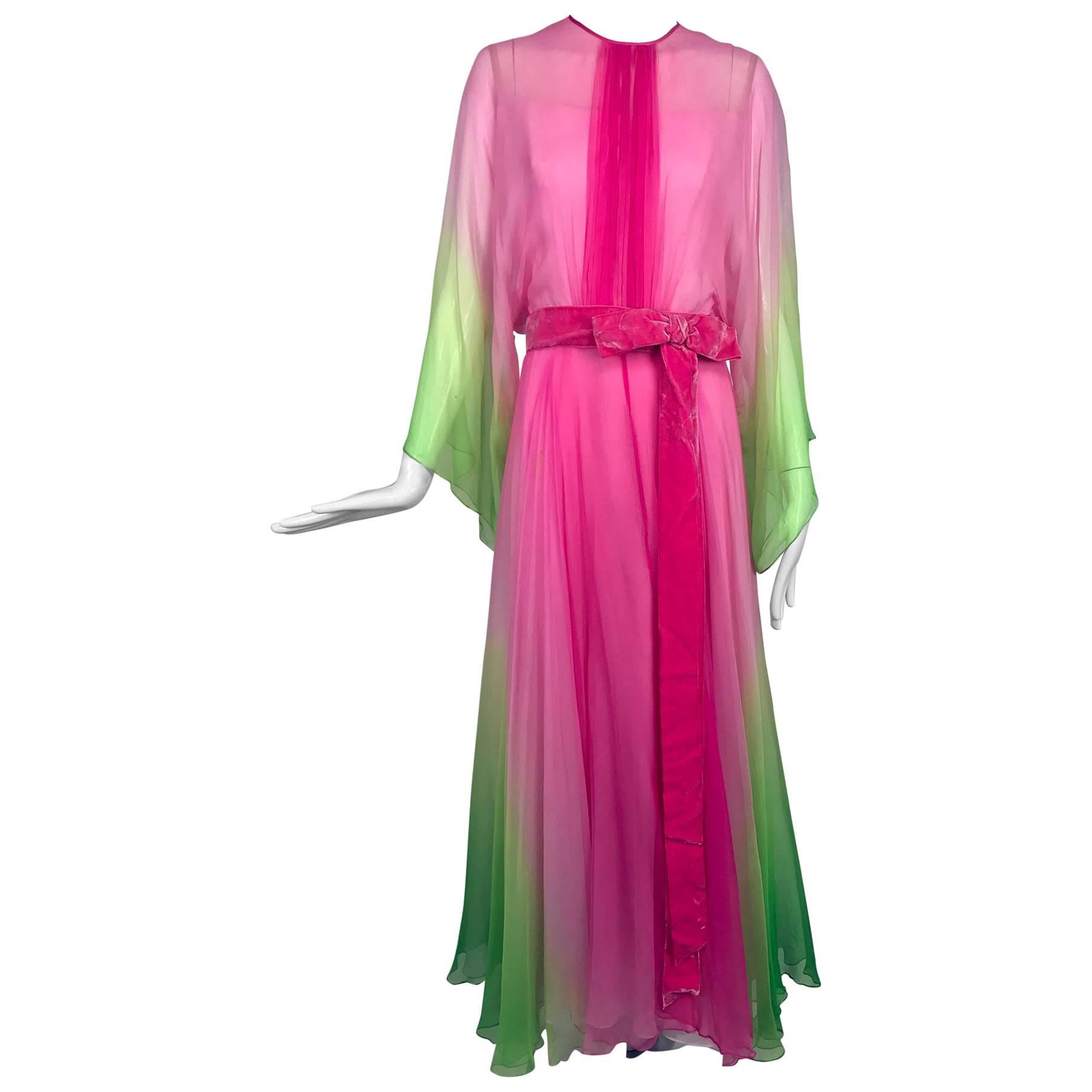 Vintage pink and green ombred silk chiffon kimono sleeve maxi dress 1970s