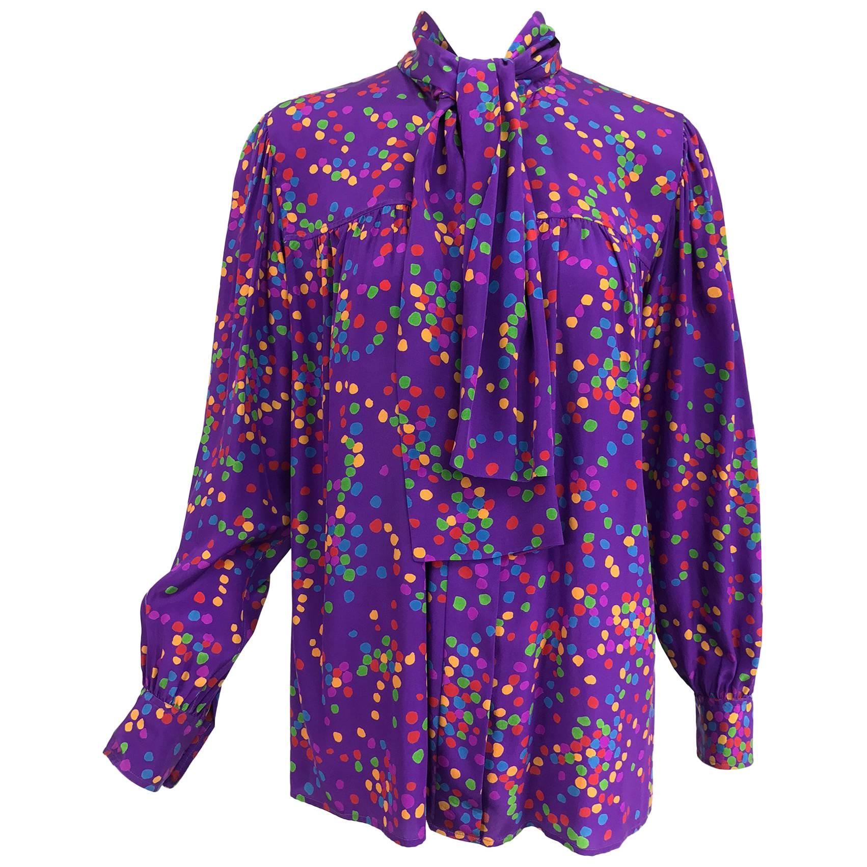 Vintage Yves Saint Laurent purple and coloured dots silk bow tie blouse 1970s