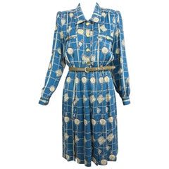 Vintage Adolfo clocks and watches print pleated shirtwaist dress 1970s