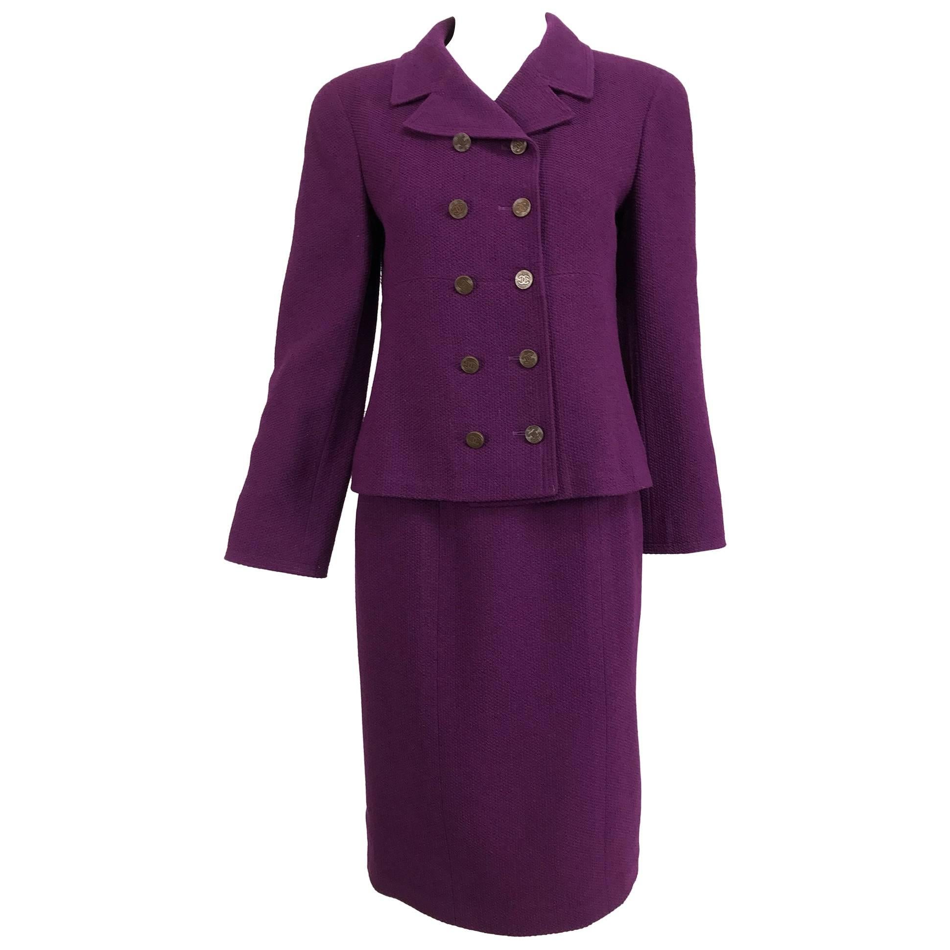 Chanel aubergine boucle classic double breasted skirt suit 1998A For Sale