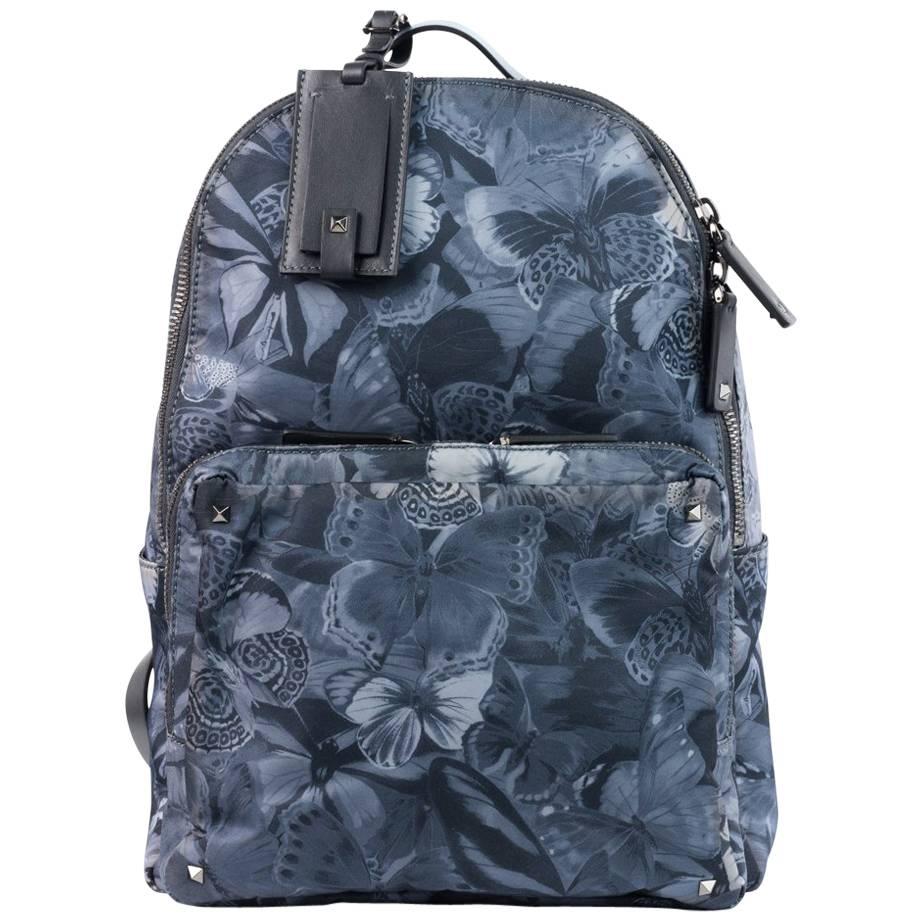Valentino Gray Butterfly Printed Nylon Backpack For Sale