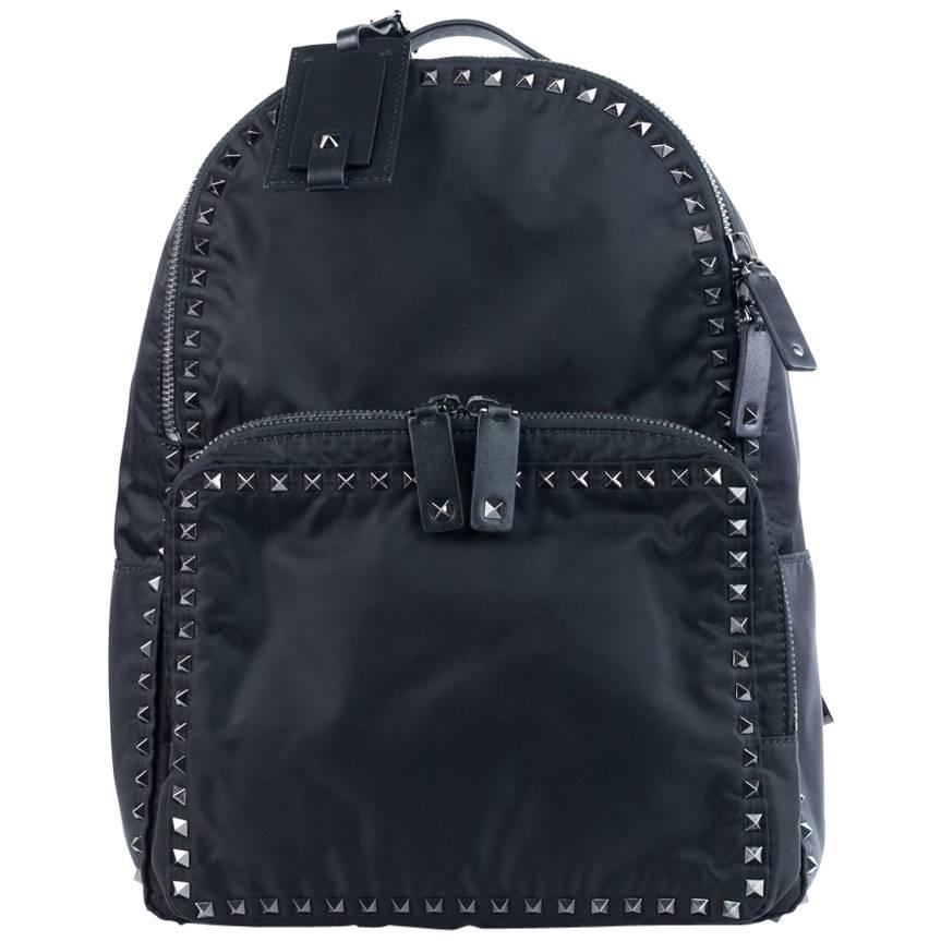 Valentino Solid Black Rockstud Nylon Backpack For Sale