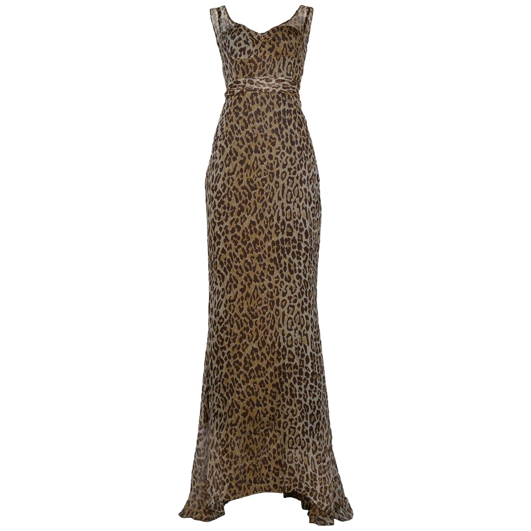 Dolce & Gabbana Leopard Print Statement Evening Gown with Train and Sash