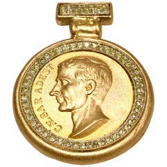 80's Gold Gilt & Swarovski Crystal Roman Coin Necklace Pendant By:: Ben Amum