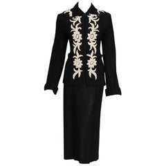 1930's Black & White Deco Floral Chenille Boucle-Wool Belted Sweater Dress Set 12