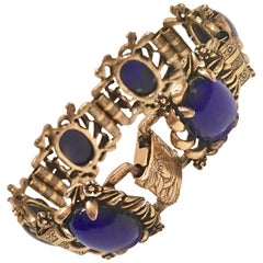 Art Nouveau Style Blue Glass Stone and Gold-Plate Link Bracelet