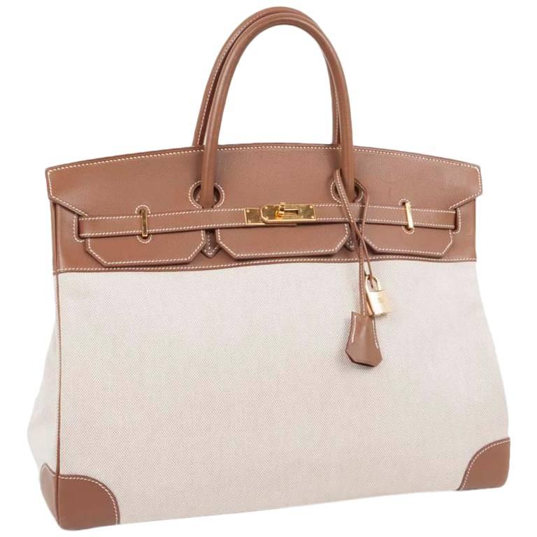 HERMES 'Birkin' 40 Bag in Ecru Canvas and Gold Epsom Calf Leather at