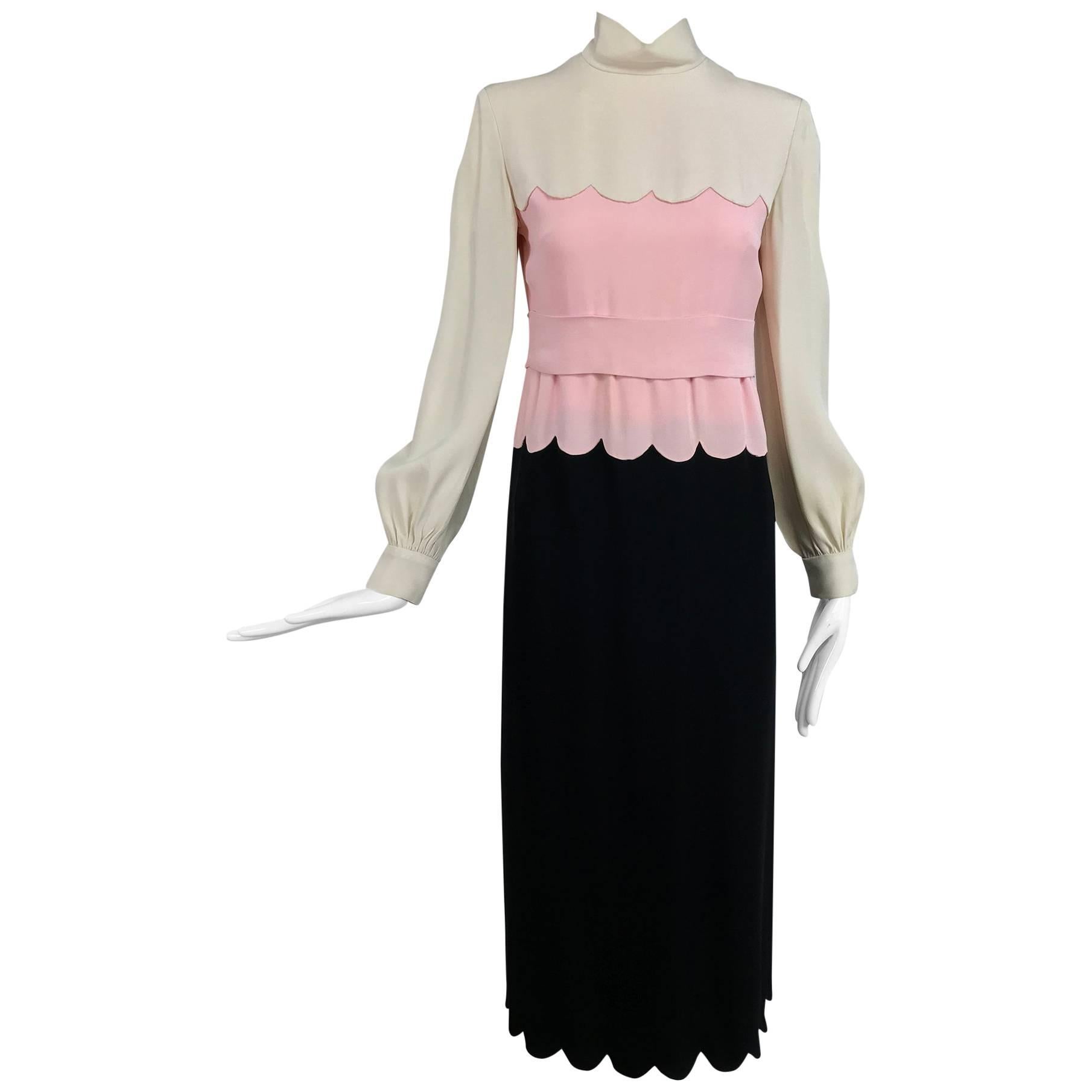 Donald Brooks scalloped crepe dress in cream pink and black 1960s