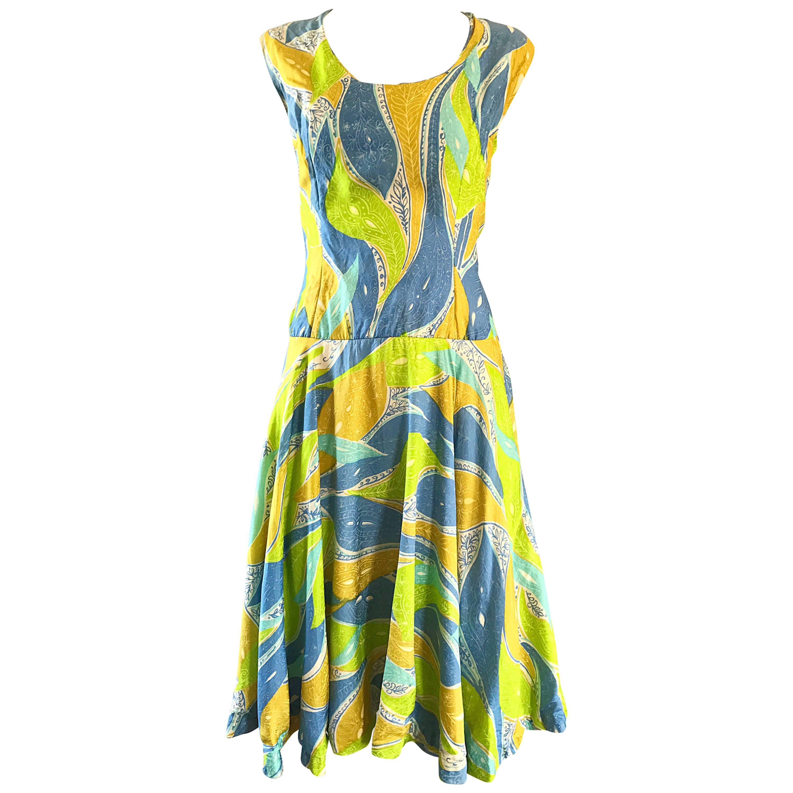 1960s Fern Violette Blue + Lime Green Paisley Tropical Print Silk A Line Dress For Sale