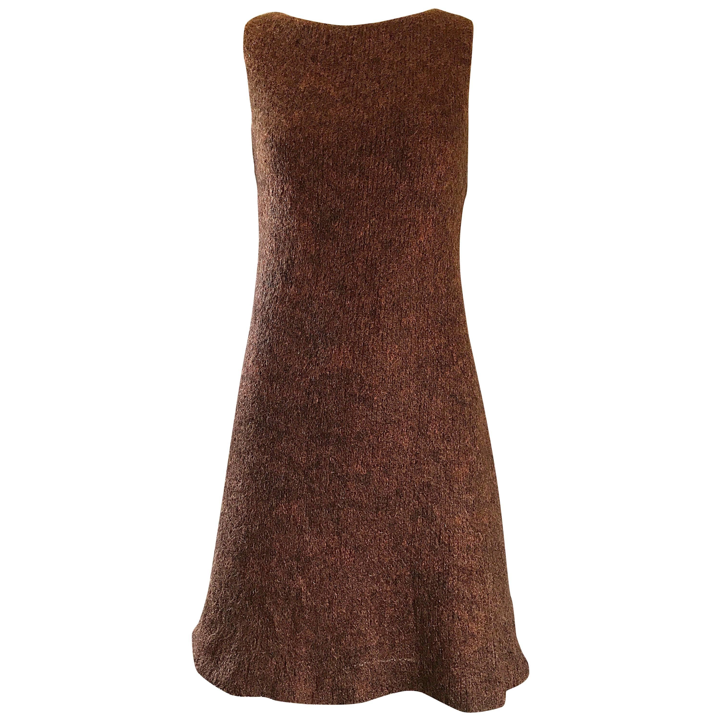 Guy Laroche 1960s Brown + Copper Soft Mohair Wool A Line Vintage 60s Dress