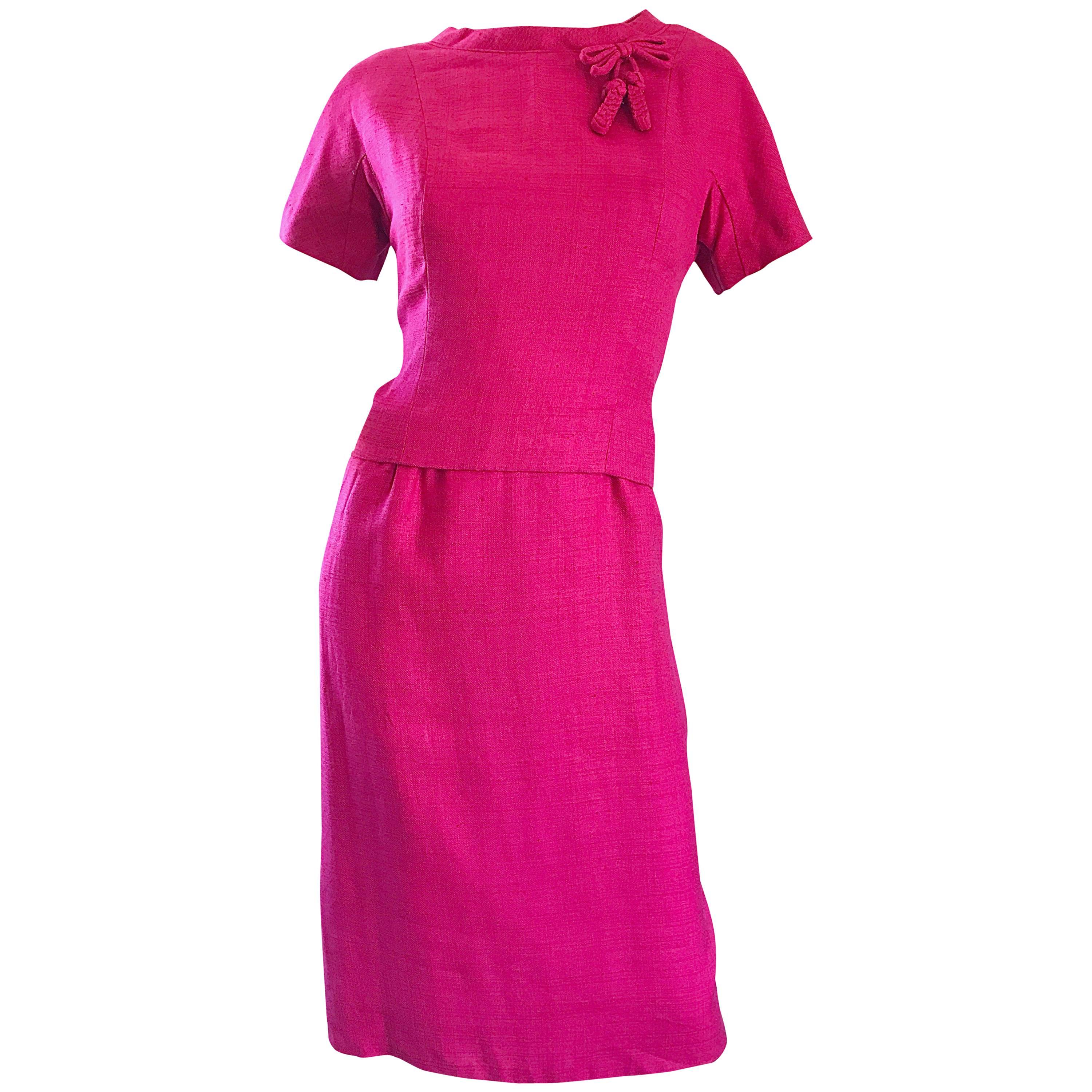 Chic 1960s Demi Couture Raspeberry Pink Silk Shift Dress and Top Vintage 60s Set