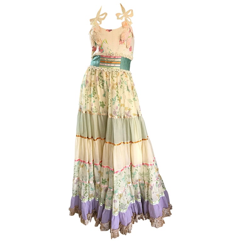 Giorgio di Sant Angelo Colorful Cotton Voile 70s Couture Maxi Dress Gown  For Sale