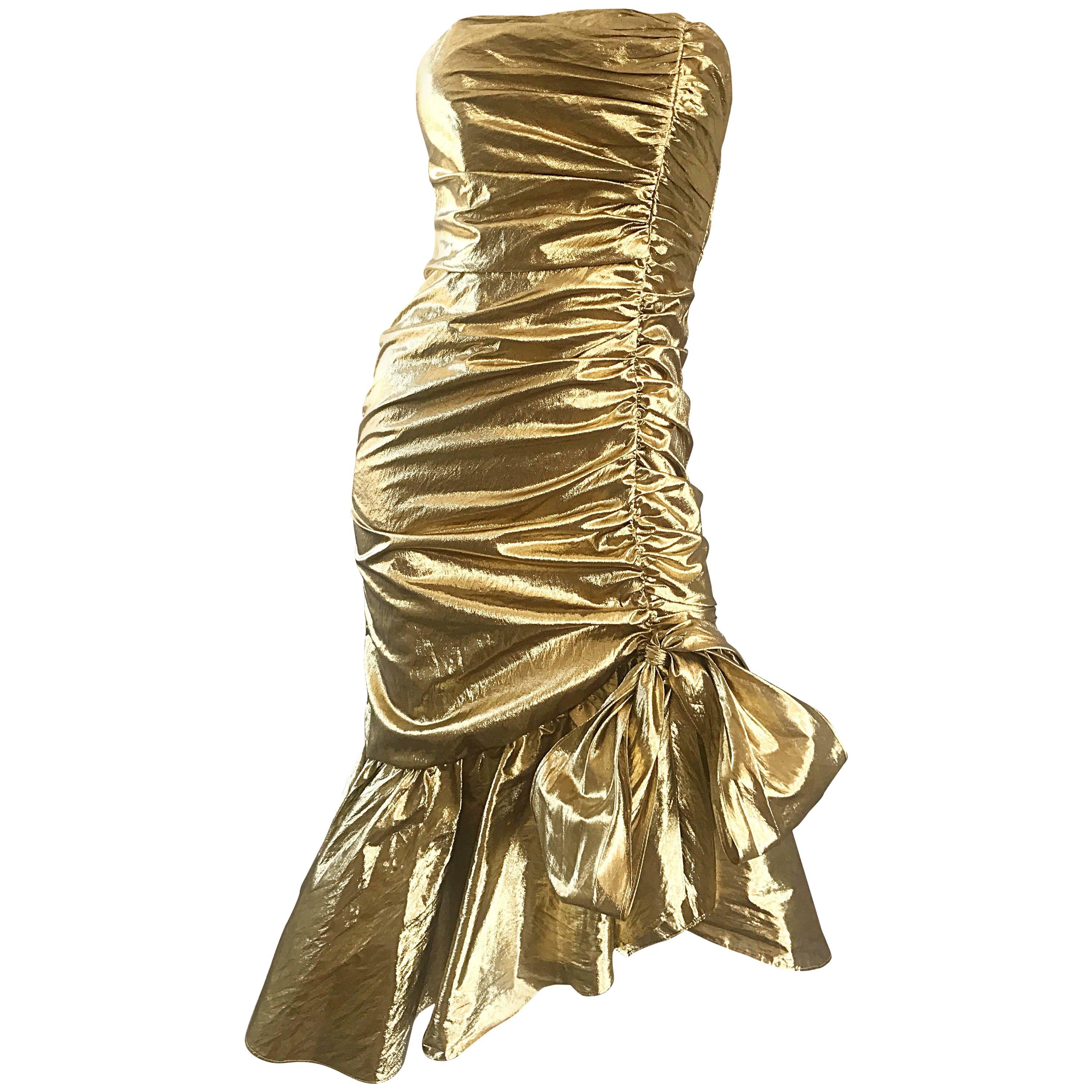 Amazing 1980s Gold Lame Avant Garde 80s Vintage Cocktail Asymmetrical Bow Dress 