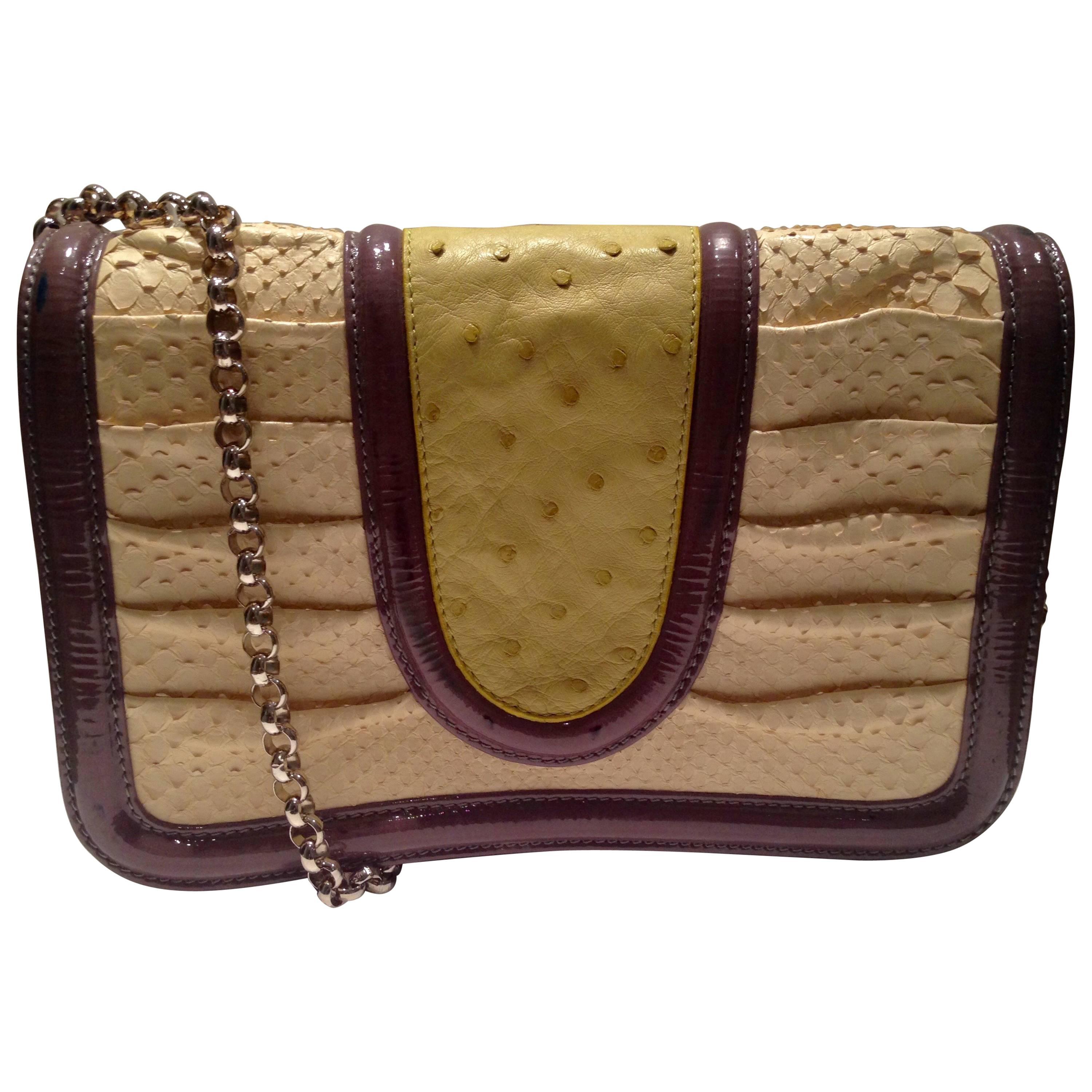 Contemporary Python, Ostrich & Patent Leather Hand Bag By, Pauruc Sweeney For Sale